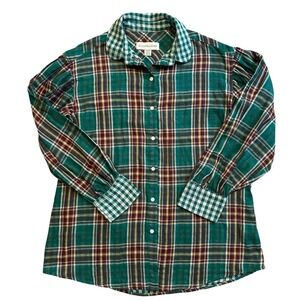 Eliza Faulkner Resort Top XS Green Plaid Gingham Accent Button Up Blouse Canada